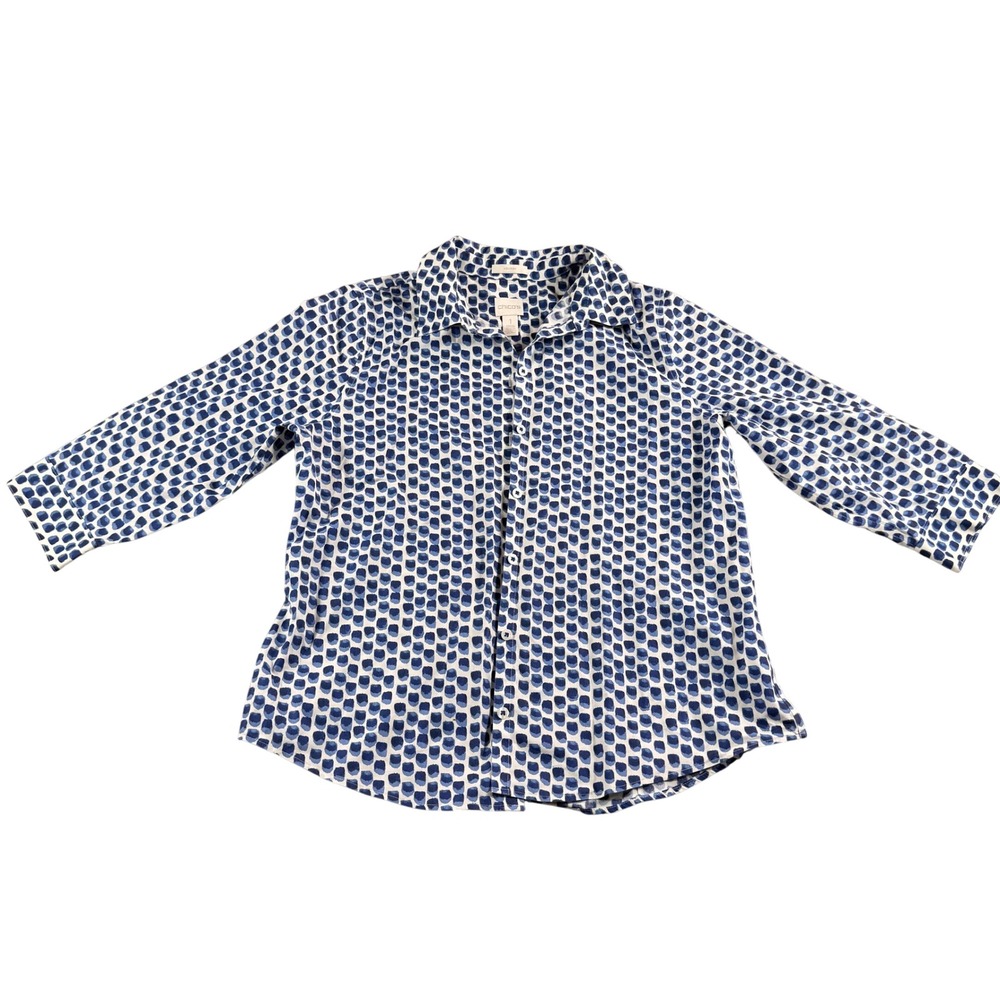 Chicos No-Iron Office Travel Shirt Preppy M Blue White Geometric 3/4‎ Sleeve Top